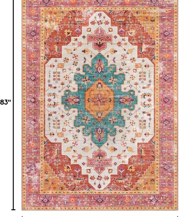 Ultra-Thin Washable Vintage Area Rug - 5x7 Large Bedroom Boho Non-Slip Non-Shedding Living Room Mat Oriental Medallion Floor Carpet for Kids Nursery Room Office, Pink/Teal/Multi